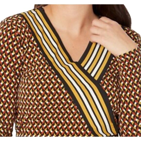 Michael Kors Geometric Wrap Cropped Blouse in Black, Gold, And Cream Stripes L - Picture 2 of 5